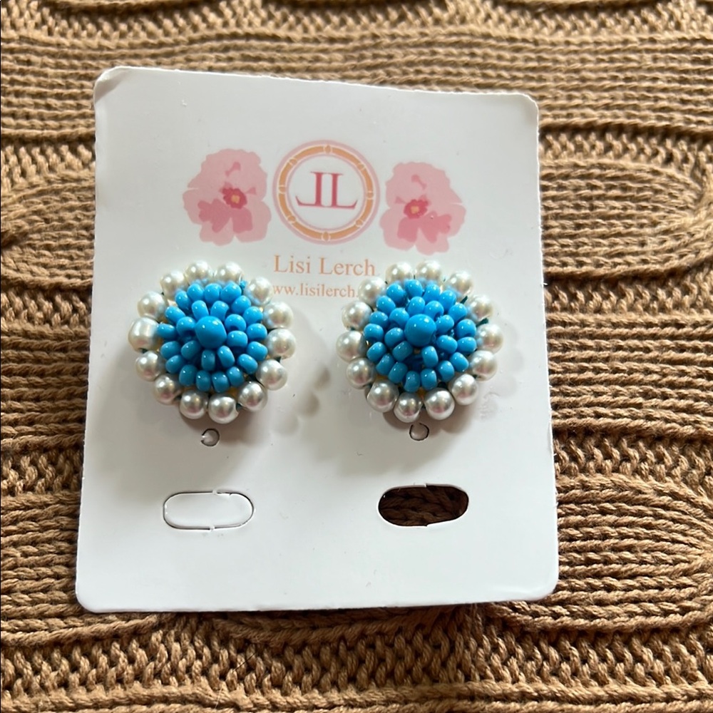 Blue and White Beaded Floral Earrings